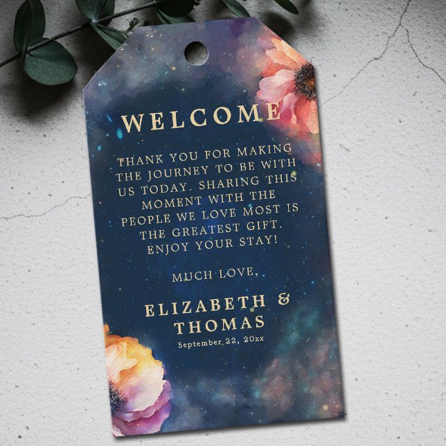 Celestiala Blommiga Galaxen Stjärnklara Natt Blå B Presentetikett (celestial floral galaxy wedding gift tag watercolor navy blue starry night written in the stars)