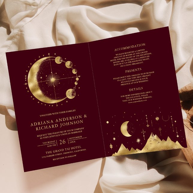 Celestiala Burgundy Guld Halvmåne Bröllop Inbjudan (Skapare uppladdad)