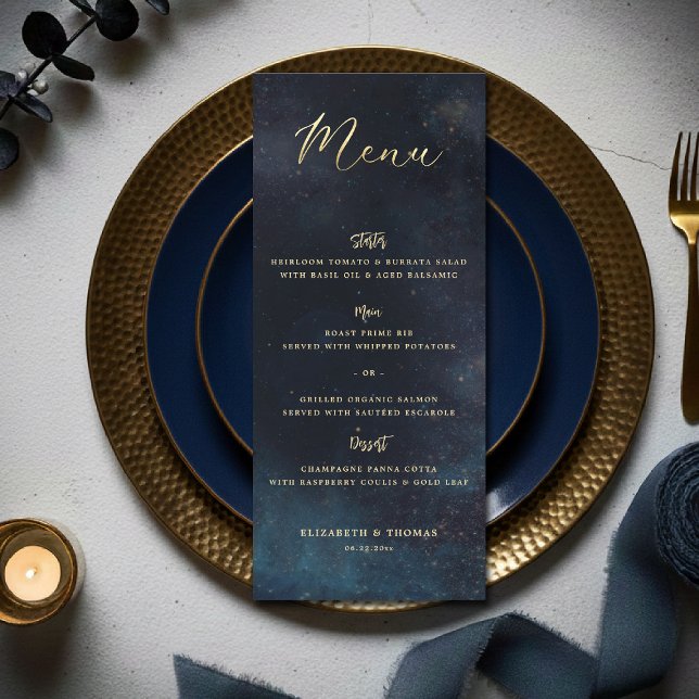 Celestiala Galaxen Stjärnklar Natt Moody Blue Bröl Meny (celestial galaxy wedding menu watercolor moody navy blue starry night written in the stars)