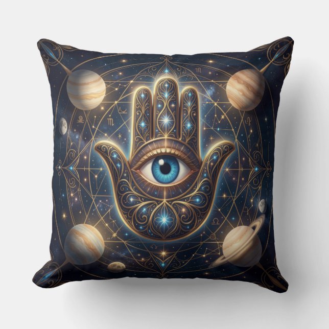 Celestiala Hamsa Hand & Onda Ögat Kosmiskt Skydd Kudde (Framsida)