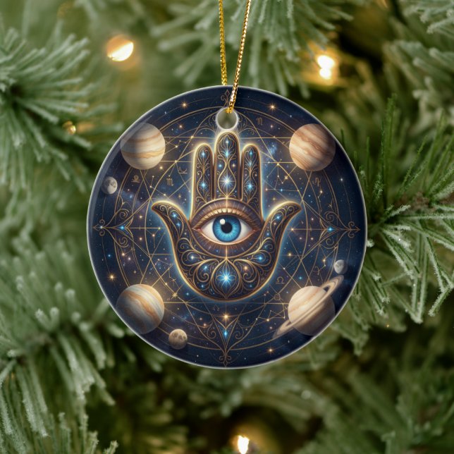 Celestiala Hamsa Hand & Onde Öga Kosmiskt Skydd Julgransprydnad Keramik (Träd)