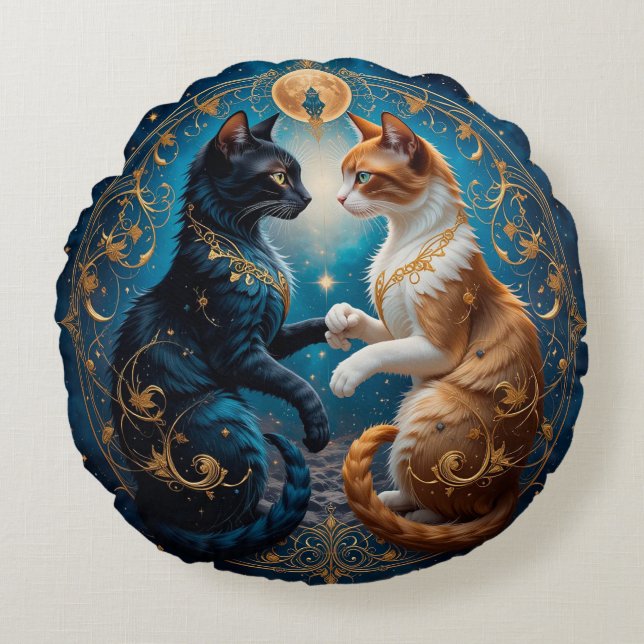 Celestiala katter i kosmisk konst med guld och blå rund kudde (Framsidan)