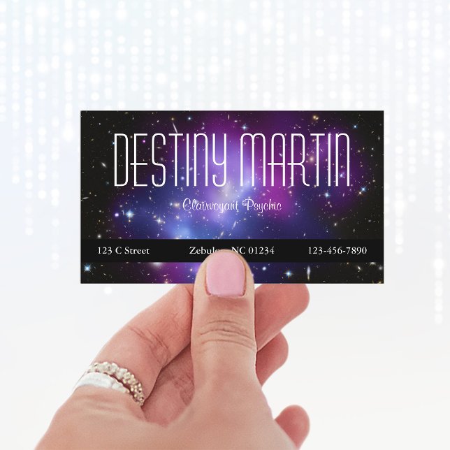 Celestiala lila galaxhopklustret rymdfoto visitkort (Create your own celestial business cards.)