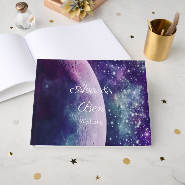 Celestiala lila galaxmånebröllop  gästböcker (Framsida Öppen)