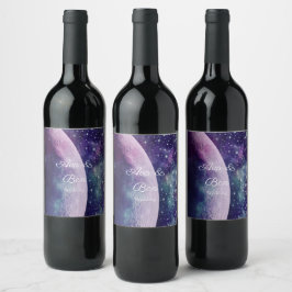 Celestiala lila galaxmånebröllop  vinflaska etikett