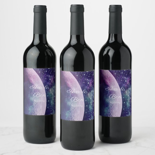Celestiala lila galaxmånebröllop  vinflaska etikett (Flaskor)