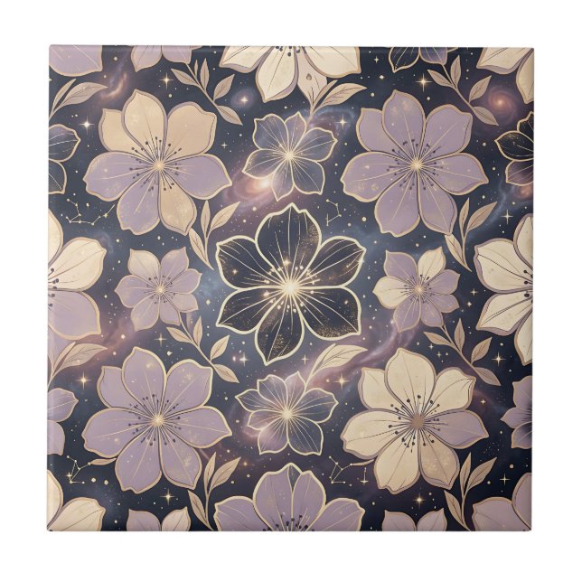 Celestiala lila guldfblommiga mönster stjärnor gal kakelplatta (Framsidan)