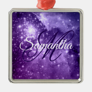 Celestiala lila stjärniga gnistrande monogram julgransprydnad metall