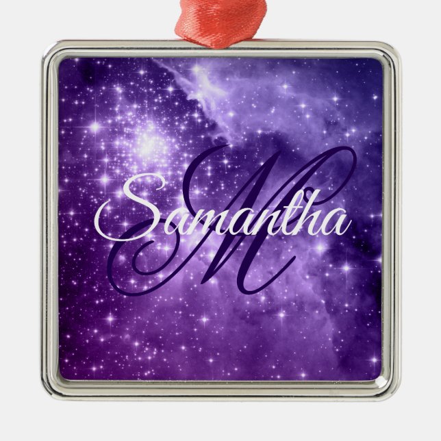 Celestiala lila stjärniga gnistrande monogram julgransprydnad metall (Framsidan)