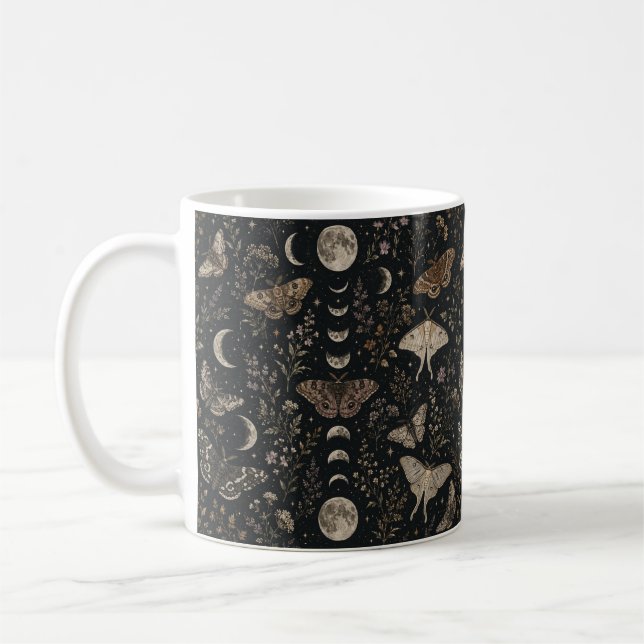 Celestiala månfaser Moth Witchy Natur Botanisk Kaffemugg (Vänster)