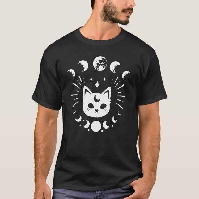 Celestiala månfaser och katt mystisk boho Wicca T Shirt (Framsida)
