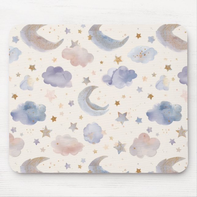 Celestiala månstjärnor moln vattenfärg pastell musmatta (Framsidan)