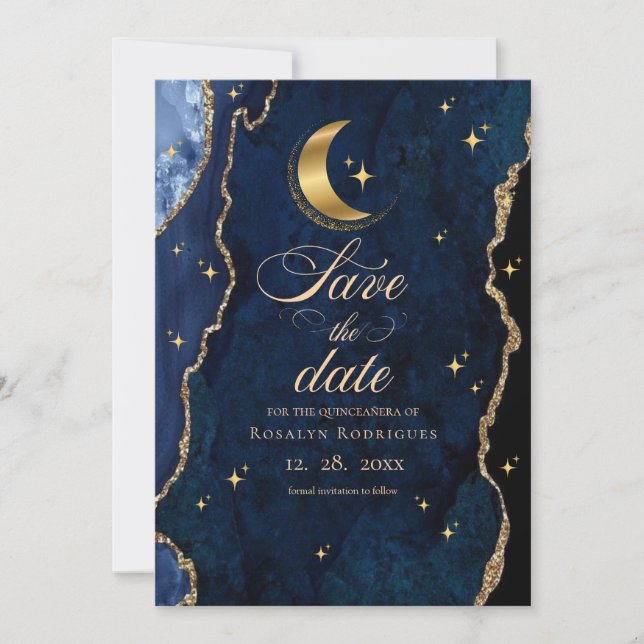 Celestiala Quinceañera Stjärnor och Mån Blå Spara Datumet (Framsida)