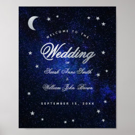 Celestiala stjärnor & mån blå bröllops-välkomstsky poster