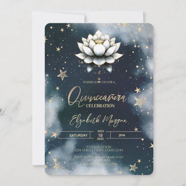Celestiala Stjärnor Vita Lotus Himmel Quinceanera Inbjudningar (Framsida)