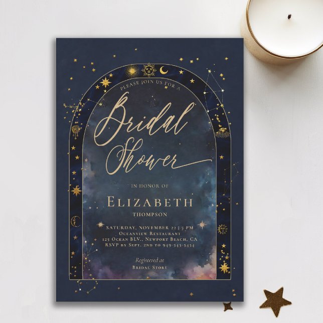 Celestiala Vatten Stjärntecken Måne Bröllopsdusch Inbjudningar (celestial bridal shower invitation zodiac signs astrology oracle universe mystical waters navy blue )