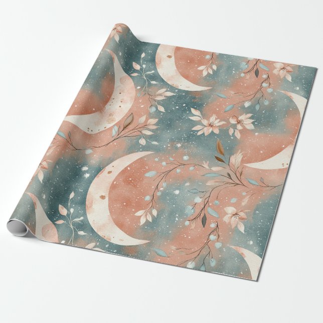 Celestialt botaniskt mönster Terrakotta Skifferblå Presentpapper (Utrullad)