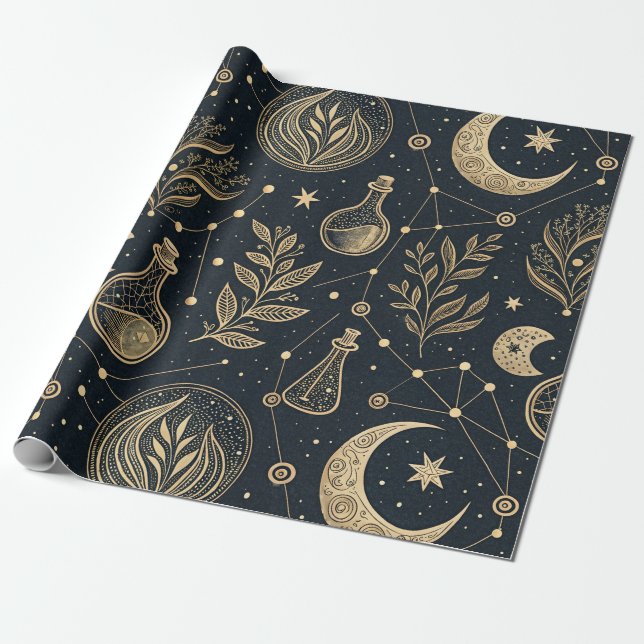 Celestialt Guld Linje Konst - Månfaser och Drycker Presentpapper (Utrullad)