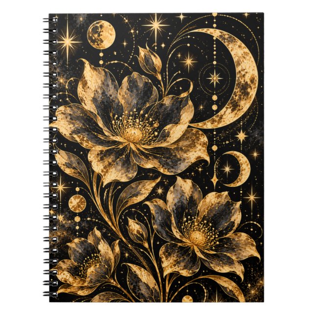 Celestialt Guld Mån Floral Anteckningsbok (Framsidan)