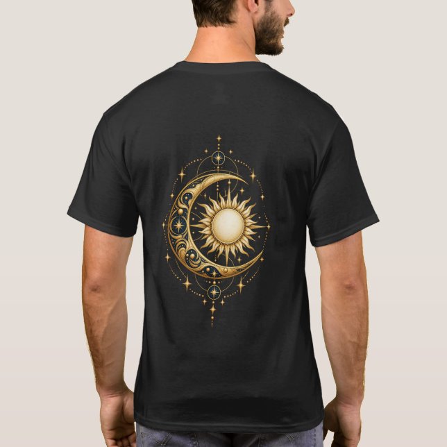 Celestialt Guld Måne Sol Stjärnor Bakre Tryck T Shirt (Baksida)