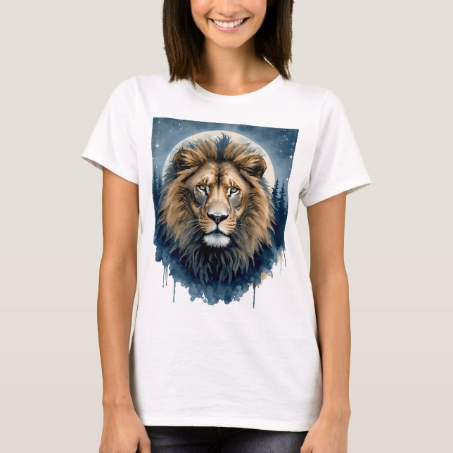 Celestialt Lejon Vattenfärg | Månbelyst Lejonande T Shirt (Framsida)
