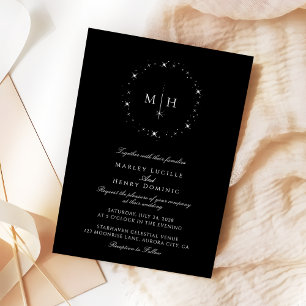 Celestialt monogram elegant svart och vitt bröllop inbjudningar
