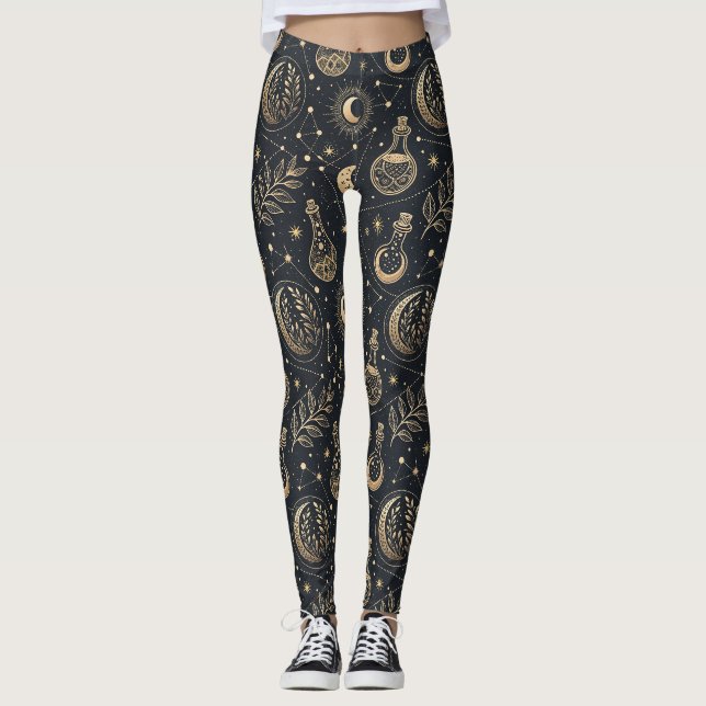 Celestialt Trolldom - Guld Måne, Trolldrycksflasko Leggings (Framsida)