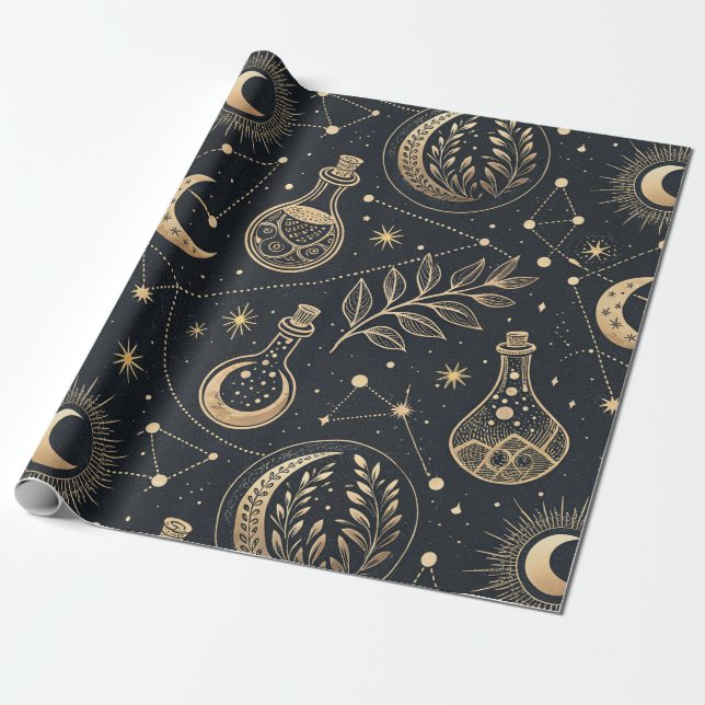 Celestialt Trolldom - Guld Måne, Trolldrycksflasko Presentpapper (Utrullad)