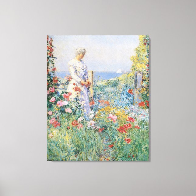 Celia Thaxter i sin trädgård av Childe Hassam Canvastryck (Framsida)
