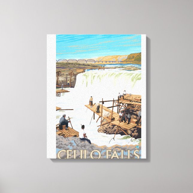 Celilo Falls Fishing Vintage resor Poster Canvastryck (Framsida)
