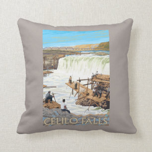 Celilo nedgångar som fiskar vintage resoraffische kudde