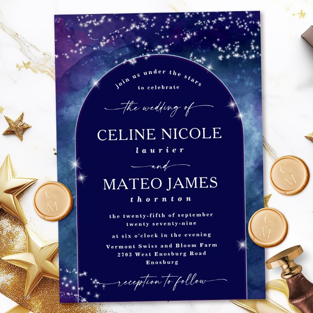Celine ・ Celestial Arched Starry Night Bröllop Inbjudningar (Invite guests to celebrate under the stars with the elegant Celine celestial wedding invite.)