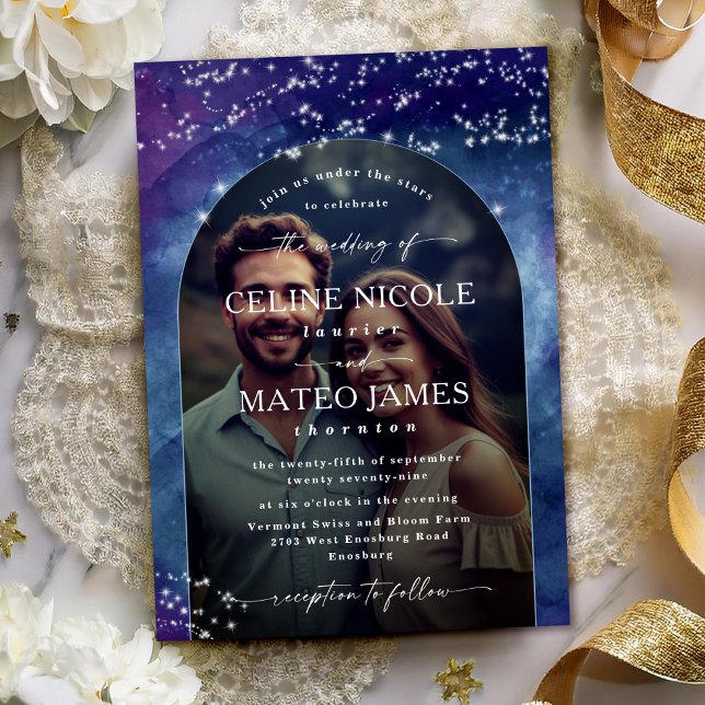 Celine ・ Celestial Himmel Arched Photo Bröllop Inbjudningar (Capture your love with the Celine photo wedding invite, with a custom monogram on the back.)
