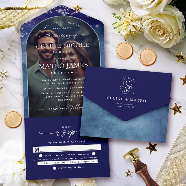 Celine ・ Celestial Night Starry Himmel Anpassnings (Make your wedding planning easy and elegant with the Celine all-in-one invitation and RSVP card!)