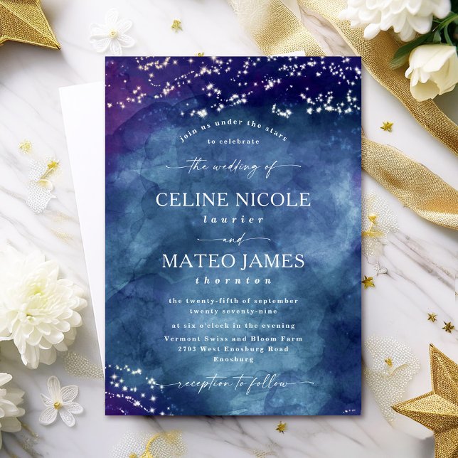 Celine ・ Elegant Celestial Starry Night Bröllop Inbjudningar (Announce your special day with the Celine wedding invite, featuring a dreamy celestial design.)