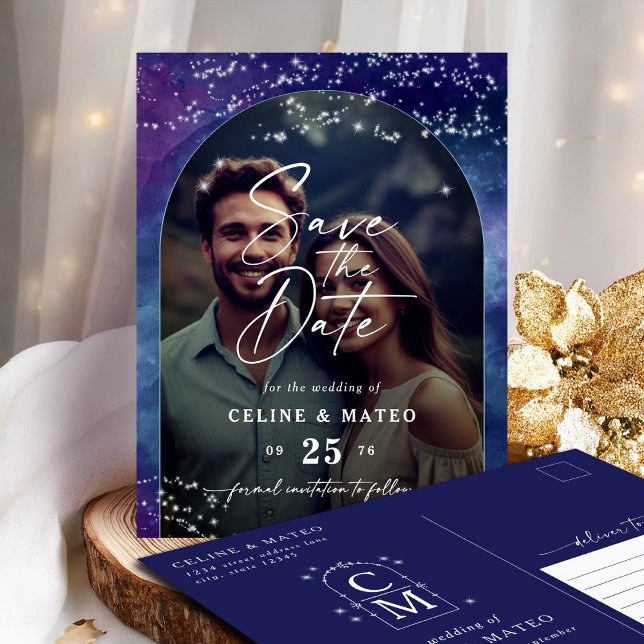 Celine ・ Elegant Starry Himmel Photo Save Date Meddelande Vykort (Announce your wedding with the Celine Save the Date postcard, featuring a photo and monogram.)