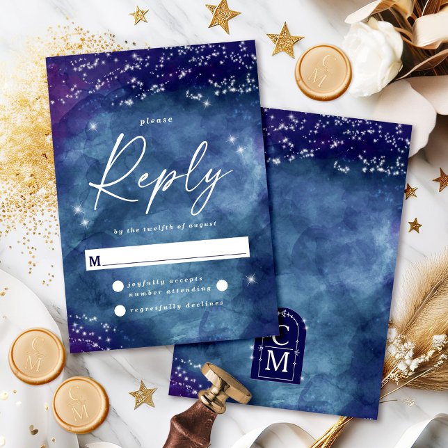 Celine ・ Elegant Starry Night OSA Reply Card Kort (Gather your guests' replies with the Celine RSVP card, featuring a celestial design and monogram.)