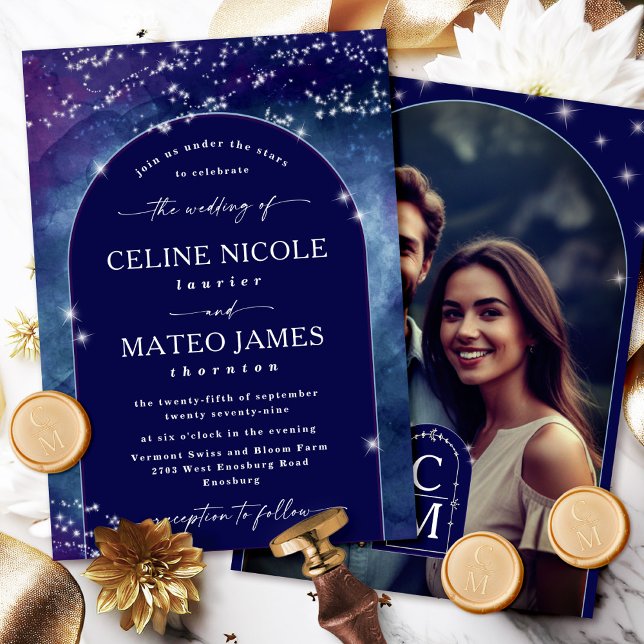 Celine ・ Foto för Elegant med Himmel-pil i Bröllop Inbjudningar (Celebrate your love story with the Celine wedding invite, featuring a custom photo.)