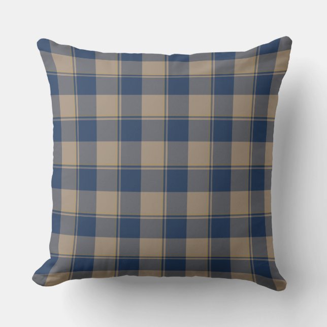 Cello Blue and Donkey Brown Plaid Kudde (Framsida)