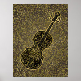 Cello Guld Taupe Filigree Musical Instrument Poster
