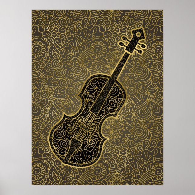 Cello Guld Taupe Filigree Musical Instrument Poster (Framsidan)