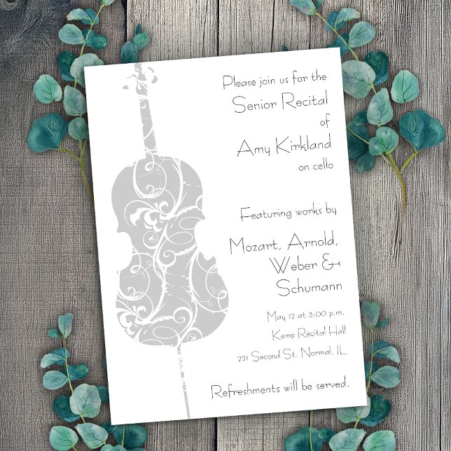 Cello-skäl Inbjudningar (Customizable cello recital invitation template by Horn and Castle.)