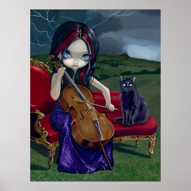 Cello Storm Art Skriv ut svart katthårmusik Poster (Framsidan)