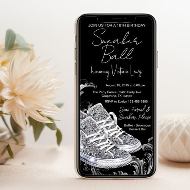 Celltelefon Diamant Sneaker Ball Födelsedagsfest  Inbjudningar (Smartphone sneaker ball invitation. You can change the background color, wording, font, font color.)
