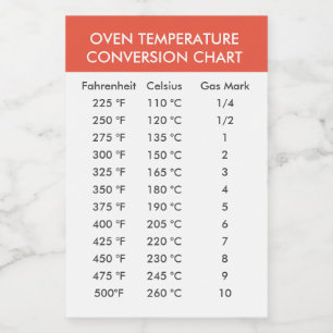 Celsius to Fahrenheit Oven Conversion Chart Label Mat Etikett
