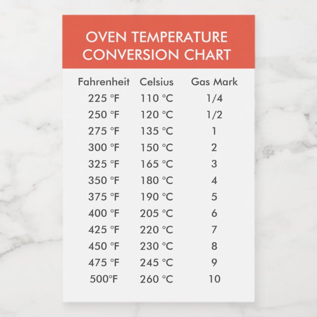 Celsius to Fahrenheit Oven Conversion Chart Label Mat Etikett (Singel etikett)