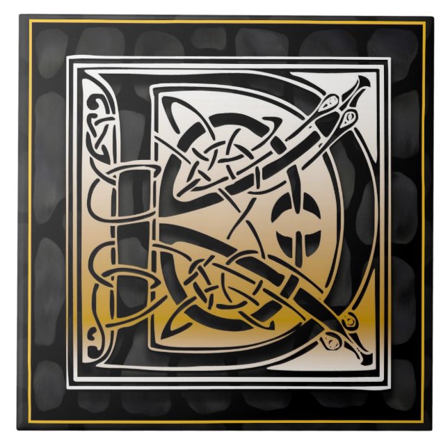 Celtic Black Stone D Monogram Initial Tile Kakelplatta (Framsidan)
