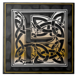 Celtic Black Stone F Monogram Initial Tile Kakelplatta