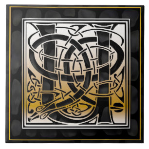 Celtic Black Stone U Monogram Initial Tile Kakelplatta