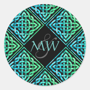 Celtic Blue Grönt Bröllop Monogram Sticker Runt Klistermärke